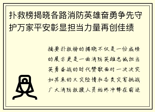 扑救榜揭晓各路消防英雄奋勇争先守护万家平安彰显担当力量再创佳绩 扑救榜揭晓各路消防英雄奋勇争先守护万家平安彰显担当力量再创佳绩